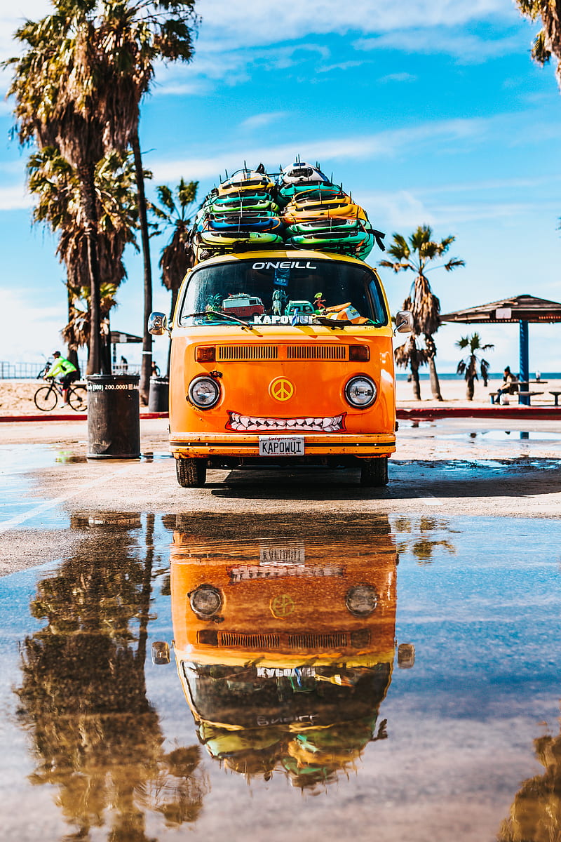 orange van with surfboard on top, HD phone wallpaper