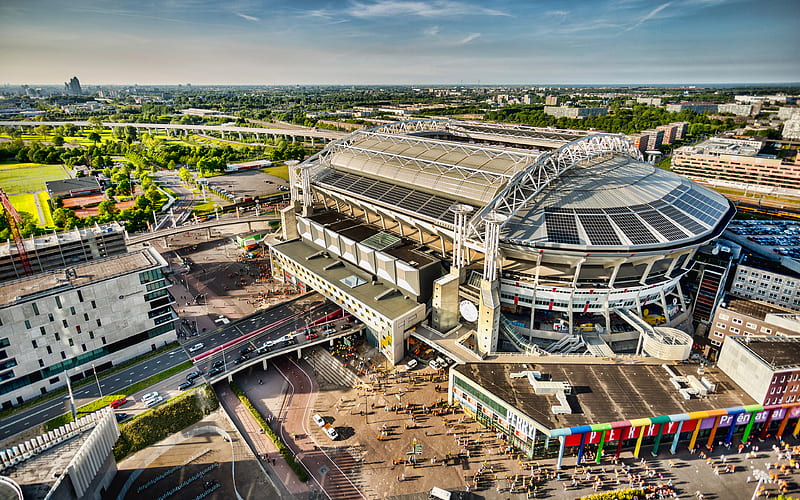 Amsterdam Arena, aerial view, Johan Cruijff Arena, Ajax stadium, soccer, Amsterdam, football stadium, Ajax FC, HD wallpaper