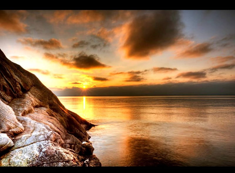 Silence over the lake, skies, rocks, dawn, sun, water, lake, HD wallpaper