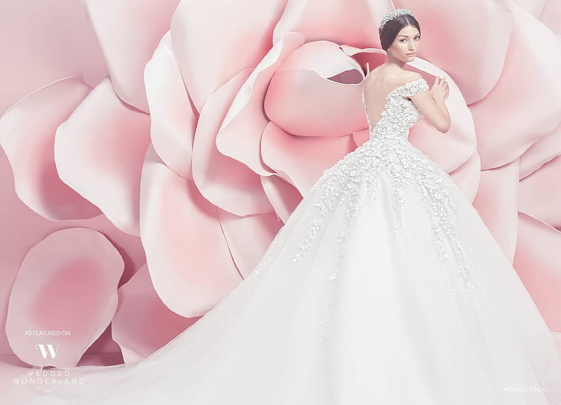 Bride, dress, model, rose, michael cinco, woman, girl, white, pink, HD wallpaper