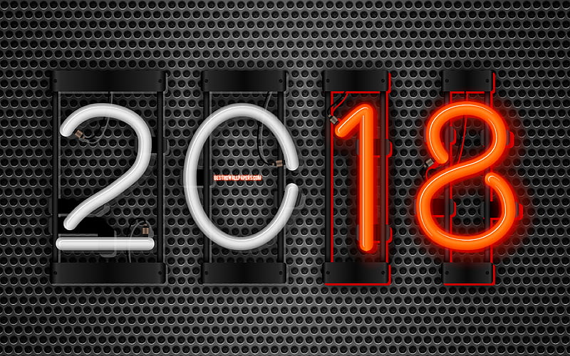 2018 year, art, neon digits, metal grid, 2018, New Year 2018, creative, HD wallpaper