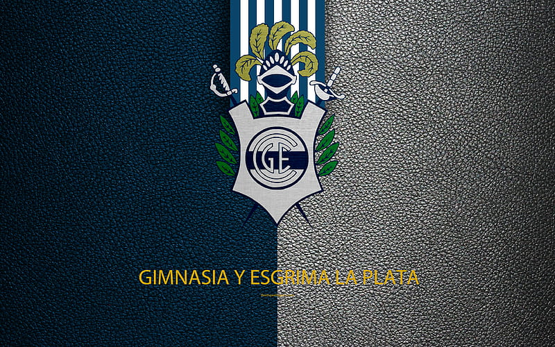 Gimnasia y Esgrima logo, La Plata, Argentina, leather texture, football, Argentinian football club, FC, emblem, Superliga, Argentina Football Championships, First Division, HD wallpaper