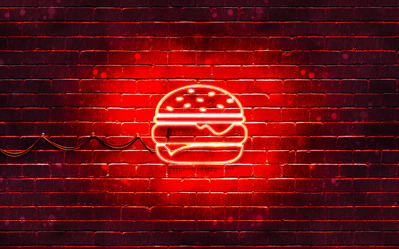Hamburger neon icon red background, neon symbols, Hamburger, creative, neon icons, Hamburger sign, food signs, Hamburger icon, food icons, HD wallpaper