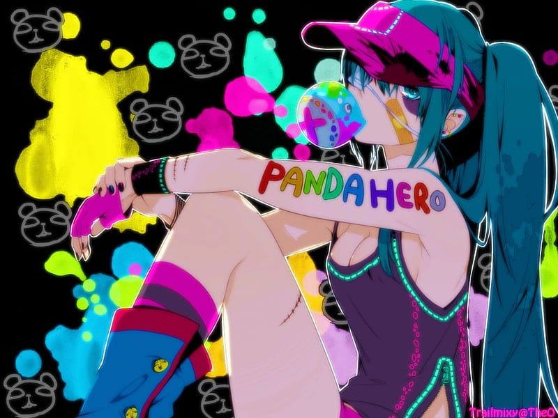 miku, colorful, anime, cap, bubble gum, panda hero, HD wallpaper