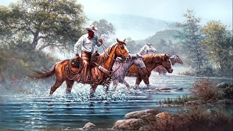 Cowboy Art Painting, Water, Splash, Mountains, Trees, Ripples, River, Horses, Rocks, HD wallpaper