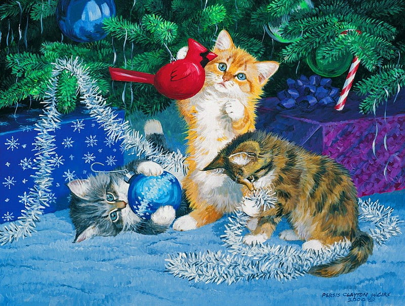 The undecorators, pretty, fluffy, game, bonito, adorable, sweet, nice, painting, kitties, friends, playing, art, lovely, christmas, decoration, kittens, fun, new year, joy, mood, cute, tree, balls, undecorators, cats, branches, gifts, HD wallpaper
