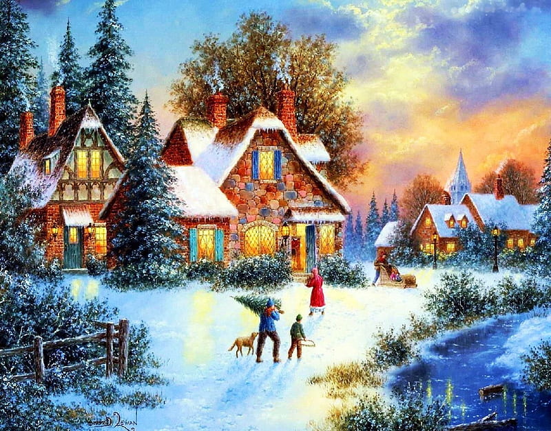 Cottage in Winter, snow, painting, children, colors, trees, clouds, sky ...