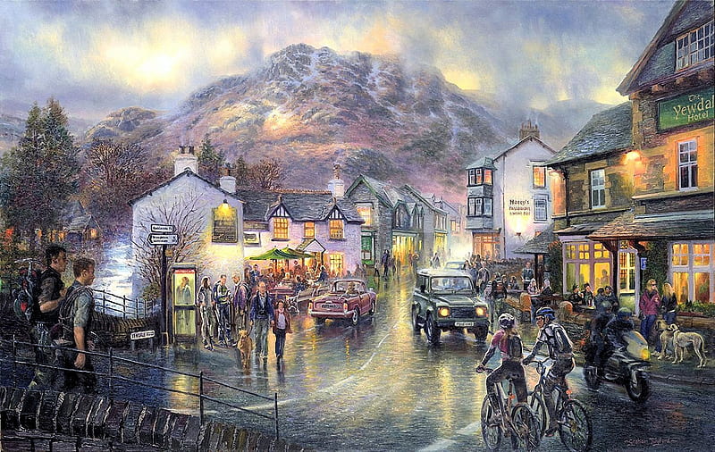 Outside Out There Coniston, town, mountains, people, twilight, rain, night, street, artwork, carros, painting, HD wallpaper