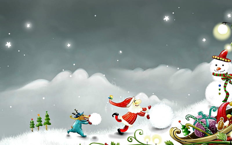 Christmas fun, red, art, craciun, christmas, snowman, winter, santa, fantasy, snow, reindeer, HD wallpaper
