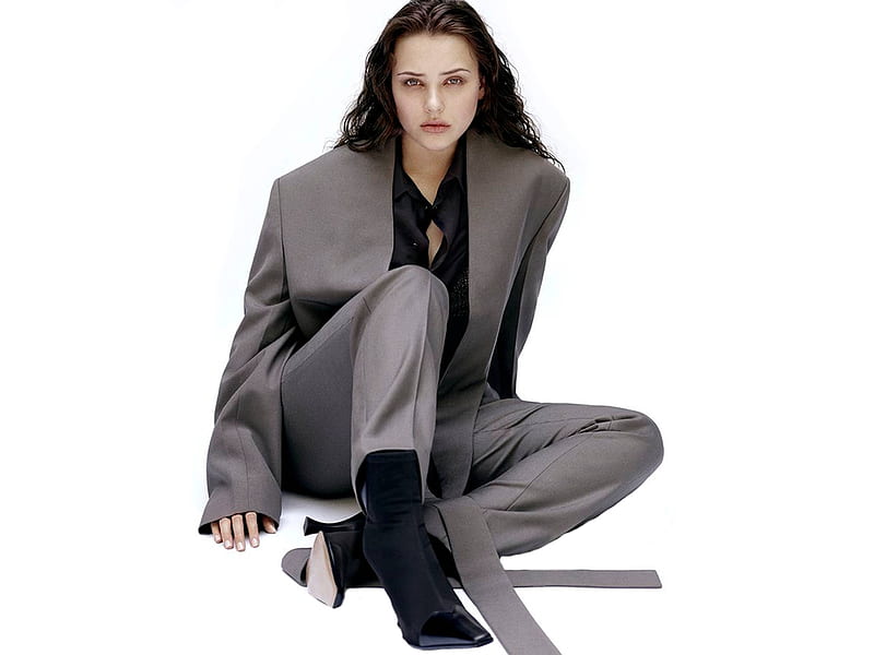 Katherine Langford, shirt, Australian, gray, boots, model, bonito, pants, Katherine, coat, 2019, actress, hot, Langford, HD wallpaper