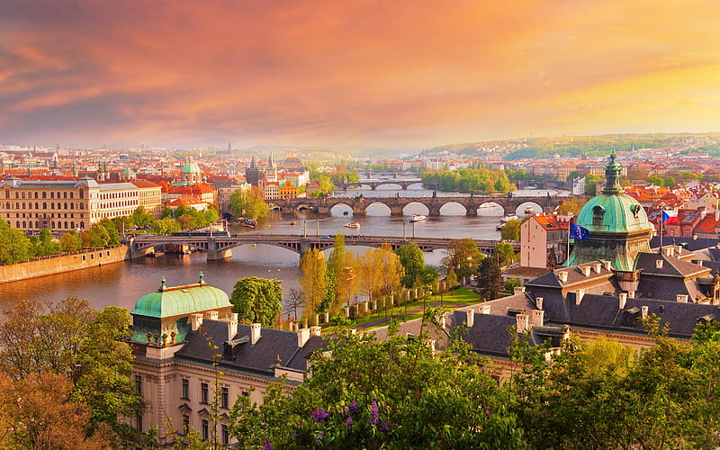 Prague, Vltava river, Charles Bridge, Manes Bridge, bridges, evening, sunset, Prague cityscape, Czech Republic, HD wallpaper