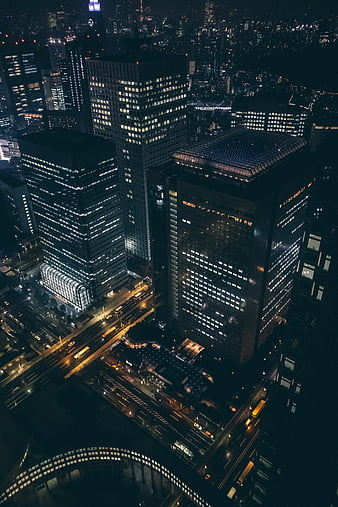 Night city, buildings, aerial view, dark, architecture, HD phone ...