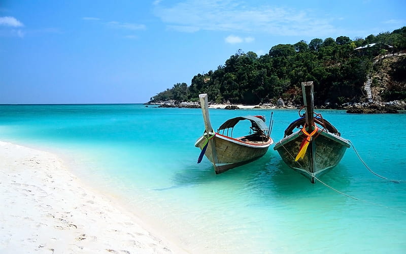 ocean, sand, thailand, shore, palm trees, boats, blue sky, HD wallpaper