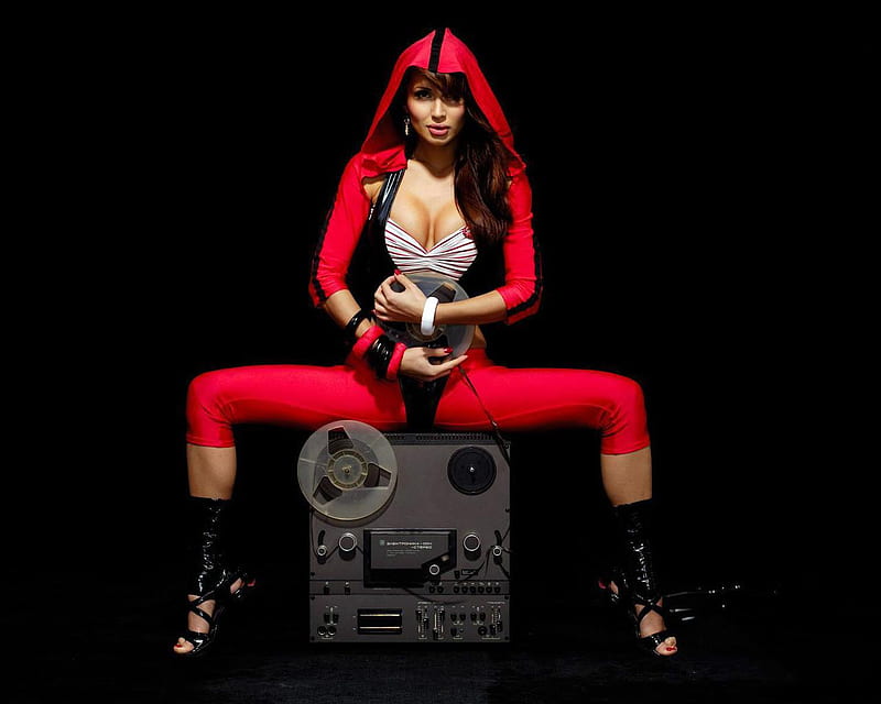 More Music . . . ., red, art, female, music, black, abstract, woman, graphy, girl, reel to reel, tape recorder, HD wallpaper