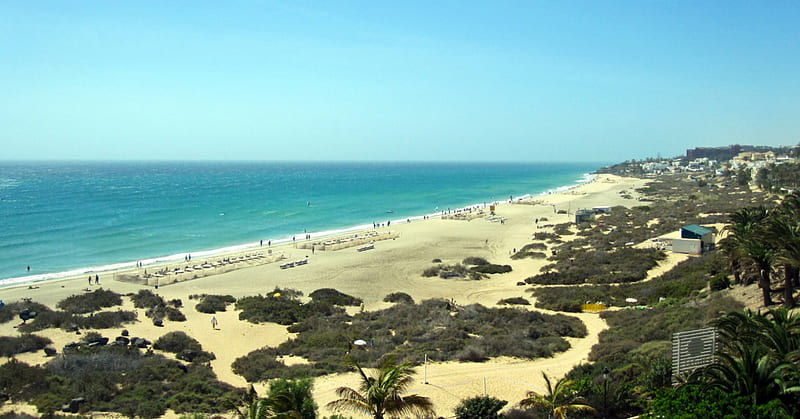 Fuerteventura Beach, view, sky, sea, beach, graphy, sand, beaches, dunes, nature, blue, HD wallpaper
