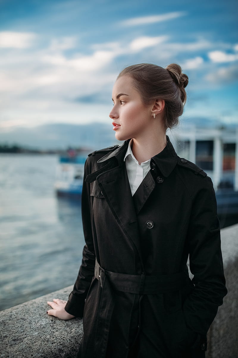 women, brunette, Julia Tavrina, hands in pockets, looking away, black coat, white shirt, Ivan Proskurin, women outdoors, glamour, portrait display, classy, tied hair, trench coat, coats, makeup, looking into the distance, HD phone wallpaper
