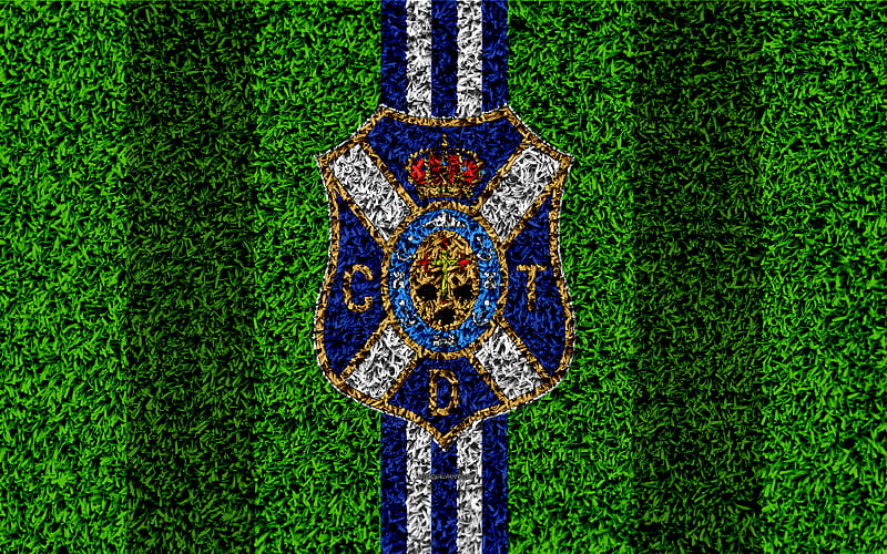 CD Tenerife, logo football lawn, Spanish football club, LaLiga2, blue and white lines, grass texture, Segunda, Division B, Santa Cruz de Tenerife, Spain, football, Tenerife FC, HD wallpaper