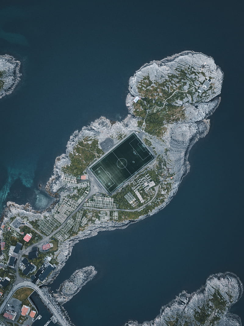 island, water, aerial view, football field, playground, HD phone wallpaper