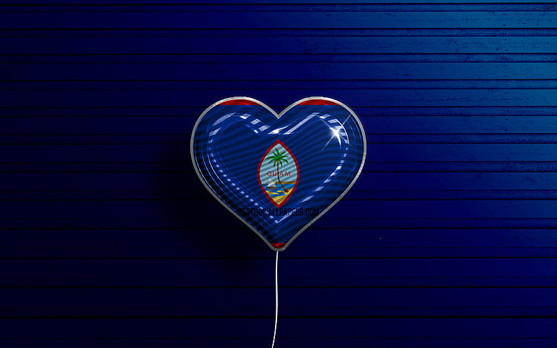 I Love Guam realistic balloons, blue wooden background, Oceanian countries, Guam flag heart, favorite countries, flag of Guam, balloon with flag, Guam flag, Oceania, Love Guam, HD wallpaper