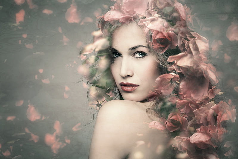 Scattered Rose Petals, Female, Pink, Petals, Blonde, Fantasy, HD wallpaper