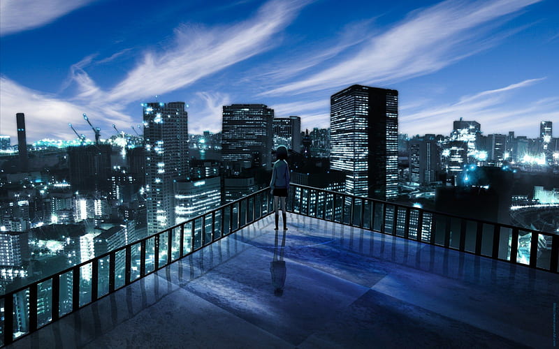 city scape night after rain on building rooftop with cloud anime high  definition wallpaper Stock Illustration | Adobe Stock