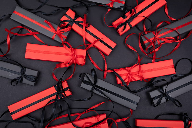 boxes, gifts, red, black, HD wallpaper