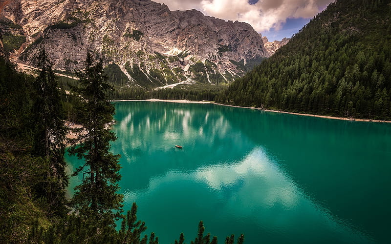Dolomites, Lake Bryes, mountains, South Tyrol, mountain lake, emerald lake, glacial lake, sunset, Italy, HD wallpaper