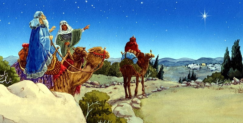 The Star of Bethlehem, desert, christmas, painting, camels, artwork, holy kings, HD wallpaper