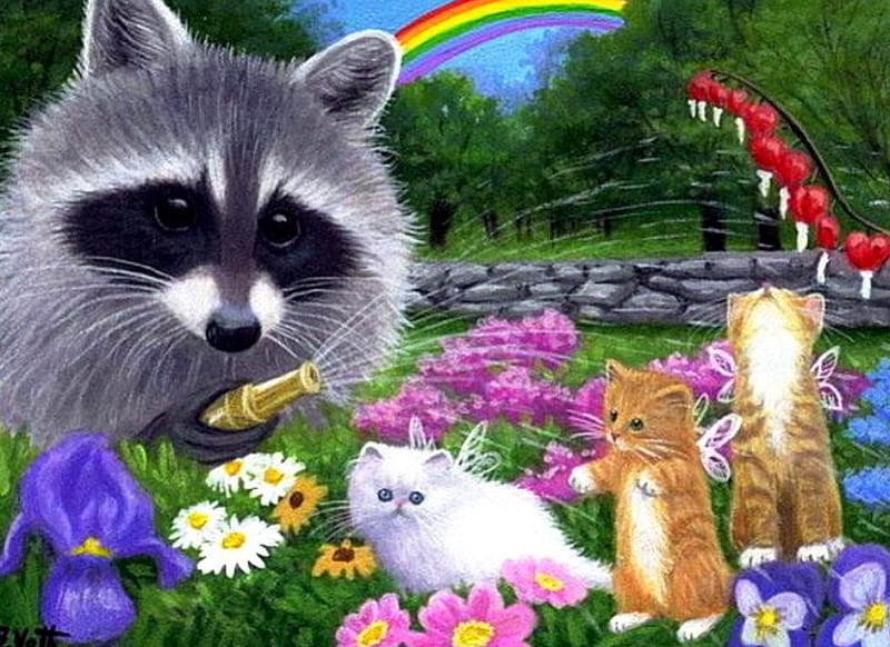 Gardeners, painting, summer, flowers, blossoms, kitten, raccoon, artwork, HD wallpaper