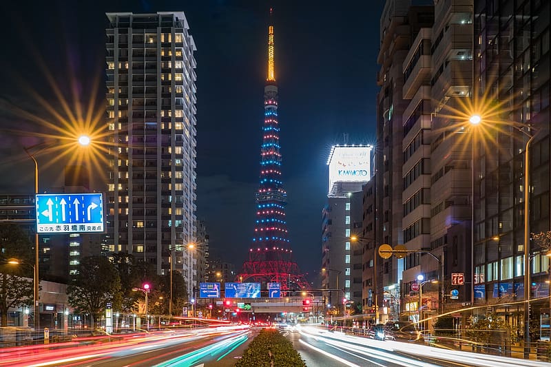 Night, City, Skyscraper, Building, Light, Road, Japan, Tokyo, , Time Lapse, Tokyo Tower, HD wallpaper