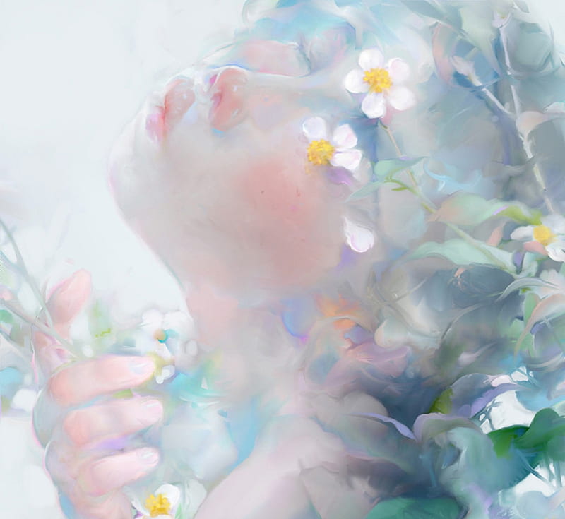 Bidens Pilosa, art, frumusete, luminos, soft, fantasy, girl, flower, face, nguyen thanh nhan, blue, HD wallpaper