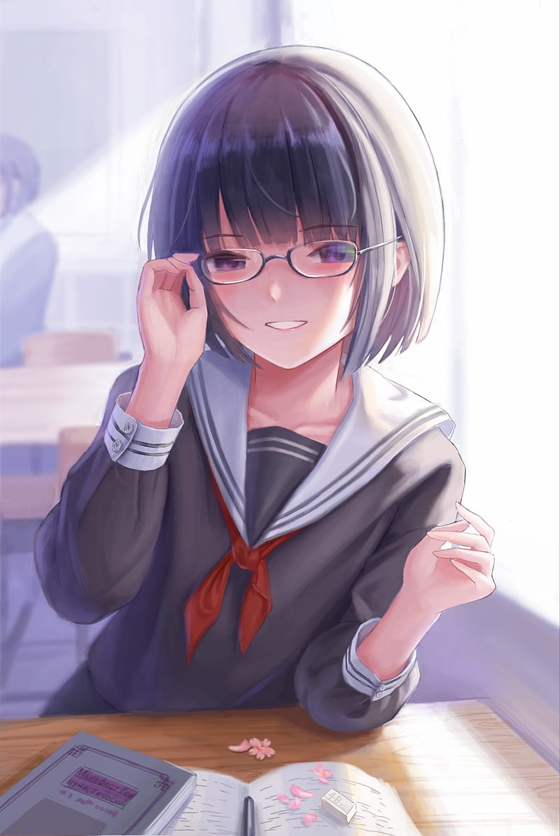 Girl, smile, glasses, student, anime, HD phone wallpaper | Peakpx