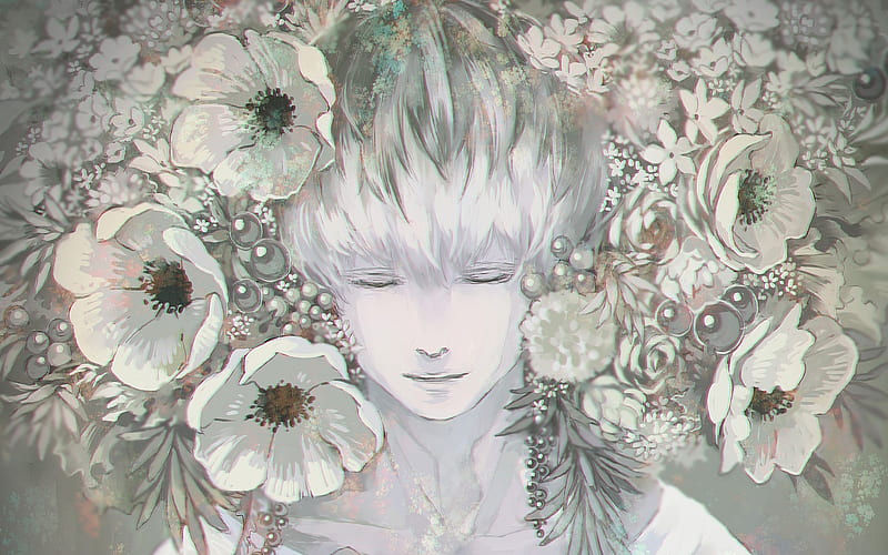 Haise Sasaki, flowers, manga, artwork, Tokyo Ghoul, HD wallpaper