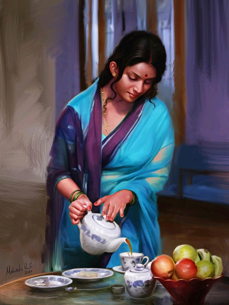 Oil Painting, art, serving tea, women, HD phone wallpaper