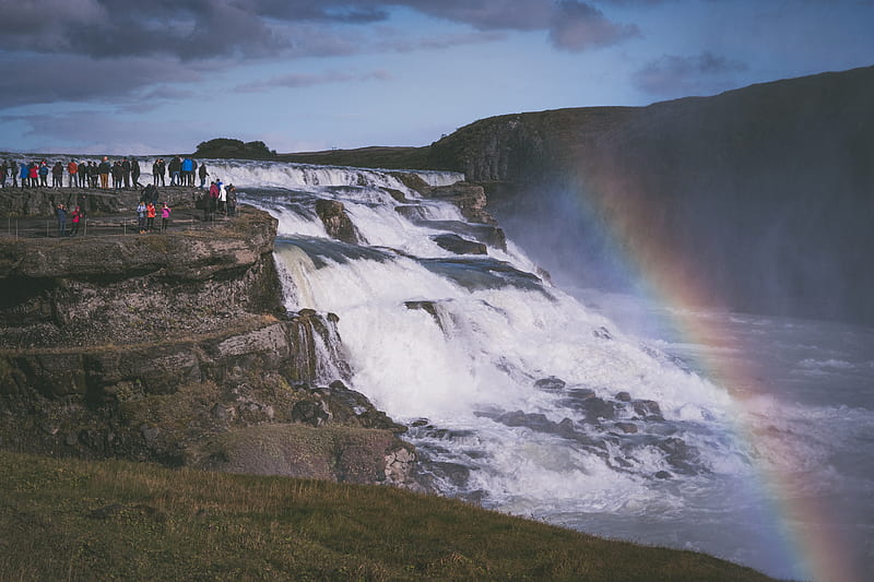graphy of people standing while watching waterfalls covered by rainbow, HD wallpaper