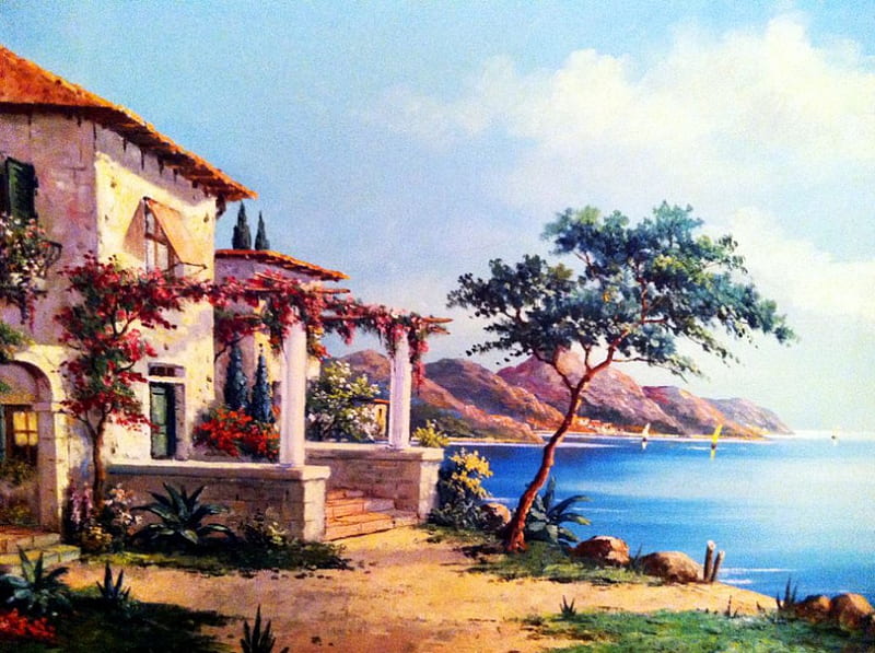 Mediterranean Sea, hills, tree, water, sunshine, House, artwork, HD wallpaper