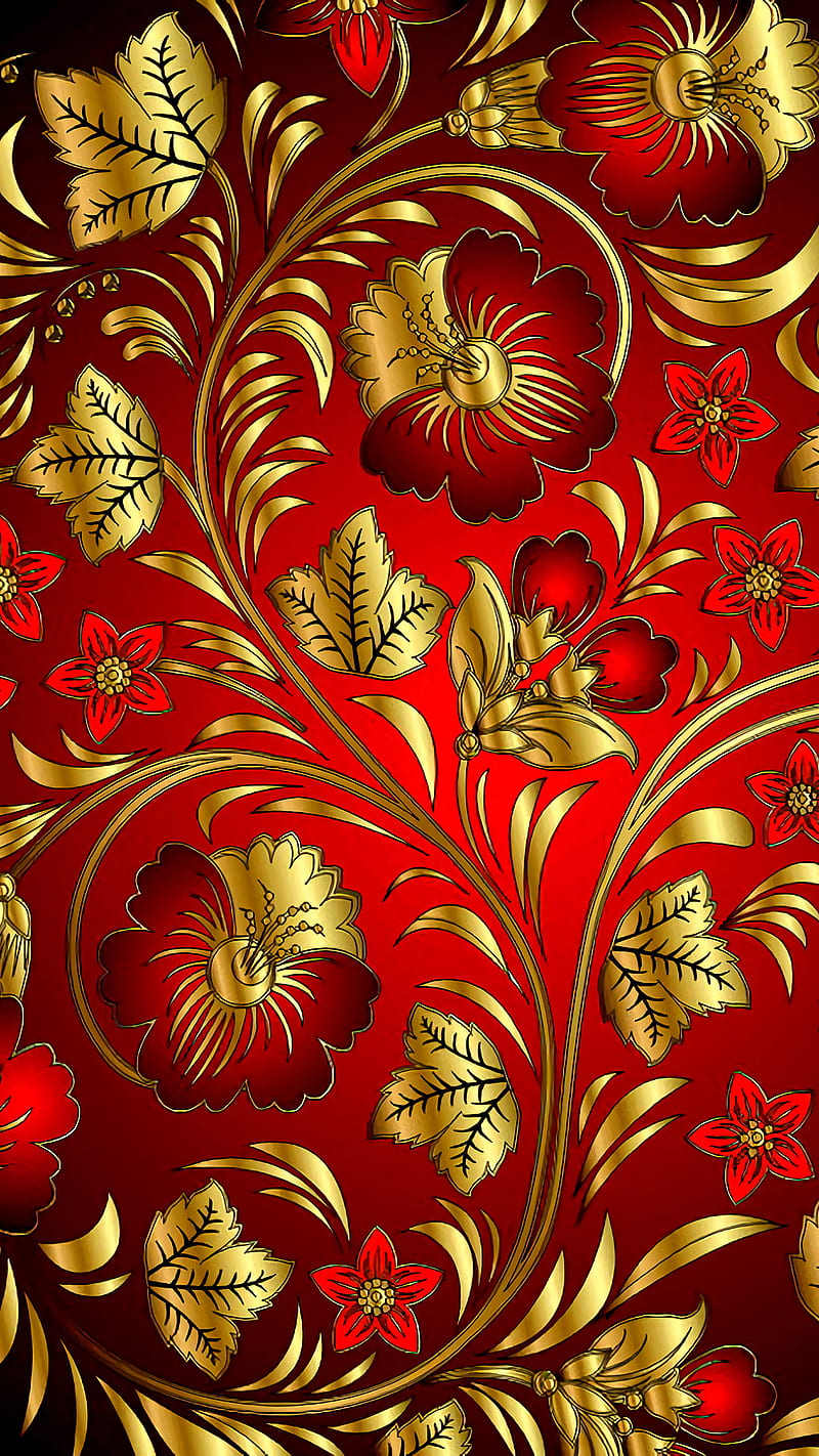 GOLD AND RED , pattern, flowers, patterns, shiny, art, girly, nice brilliant, HD phone wallpaper