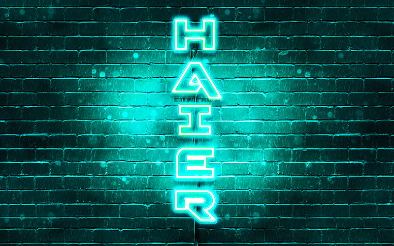 Haier turquoise logo, vertical text, turquoise brickwall, Haier neon logo, creative, Haier logo, artwork, Haier, HD wallpaper