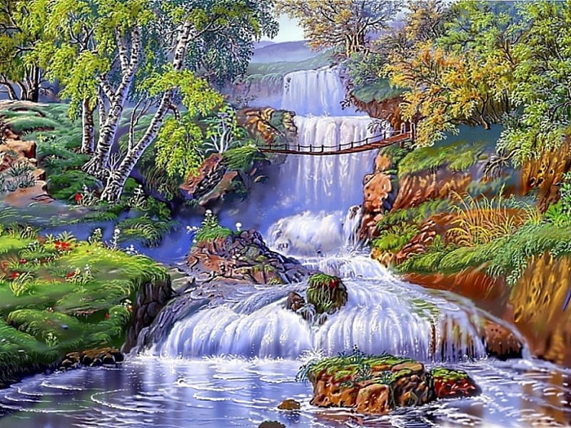 Native waterfall, pretty, lovely, bonito, water, painting, waterfall, color, nature, fields, native, outdoor, HD wallpaper