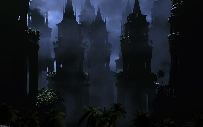 DARK MYSTERIOUS GOTHIC TOWERS, architecture, mysterious, mist, towers, gothic, dark, castle, ivy, night, HD wallpaper