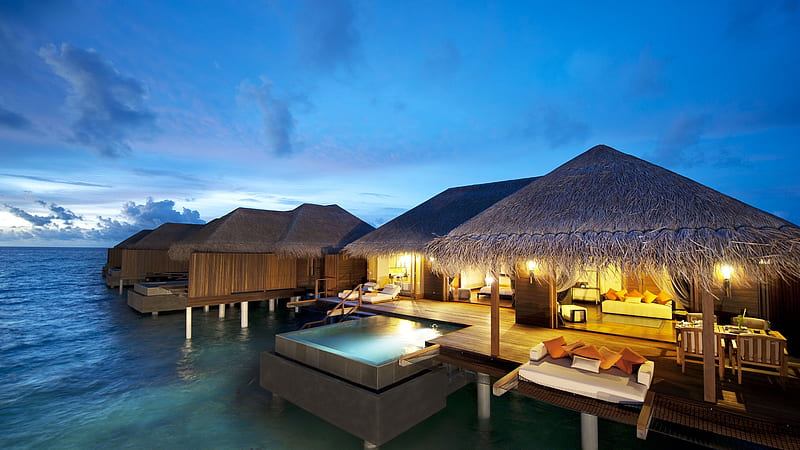 Maldives luxury resort, Resorts, Sea, Honeymoon, Pool, Night, HD wallpaper