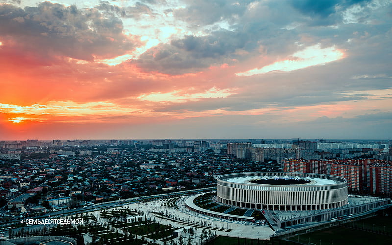 Krasnodar, evening, sunset, city panorama, Krasnodar Stadium, Russia, 2018 World Cup, new stadium, sports arena, Krasnodar FC, HD wallpaper