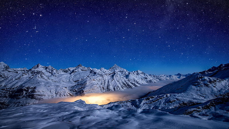 Starry Night Snow Covered Mountains , snow, mountains, nature, HD wallpaper