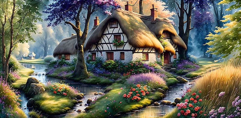 Tudor style thatched cottages, pretty, path, trees, thatched, flowers, cottage, nature, tudor style, hamlet, HD wallpaper