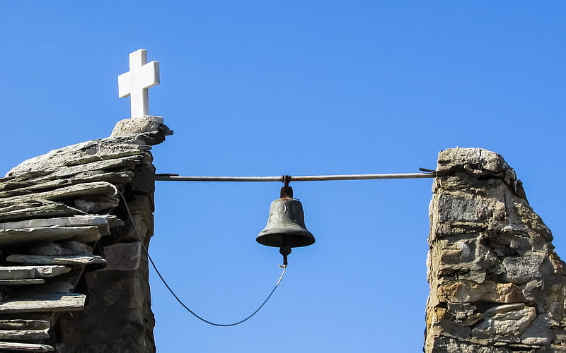 Church Bell in Greece, Greece, bell, cross, sky, church, HD wallpaper