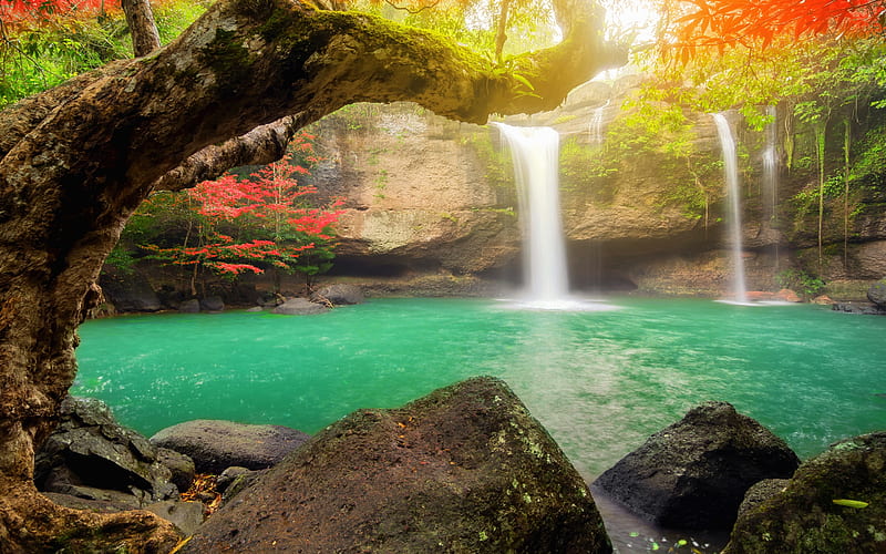 emerald lake, waterfall, autumn, Thailand, rainforest, red trees, HD wallpaper