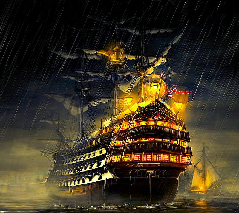 Ship At Sea, artwork light, new, rain, ships, HD wallpaper