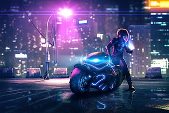 Wallpaper : ai art, cyberpunk, city, women, Biker girl 3136x1792