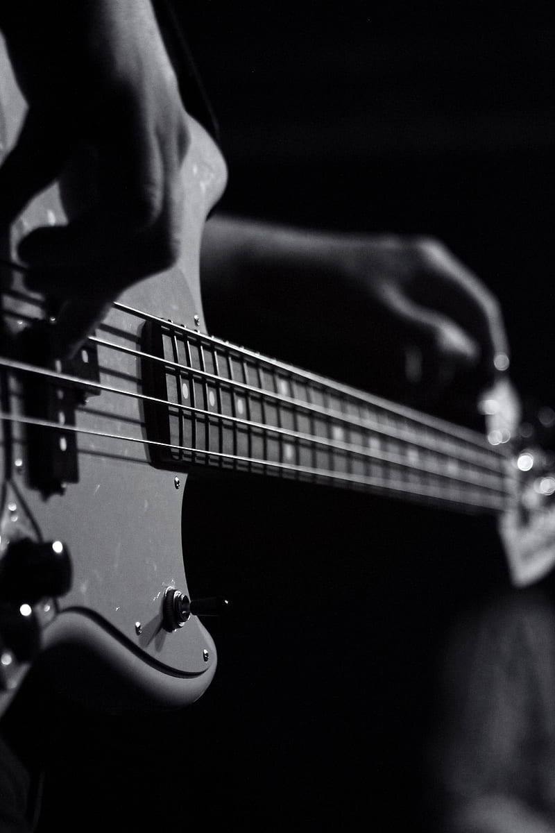 guitar, bas-guitar, strings, hands, music, black and white, HD phone wallpaper