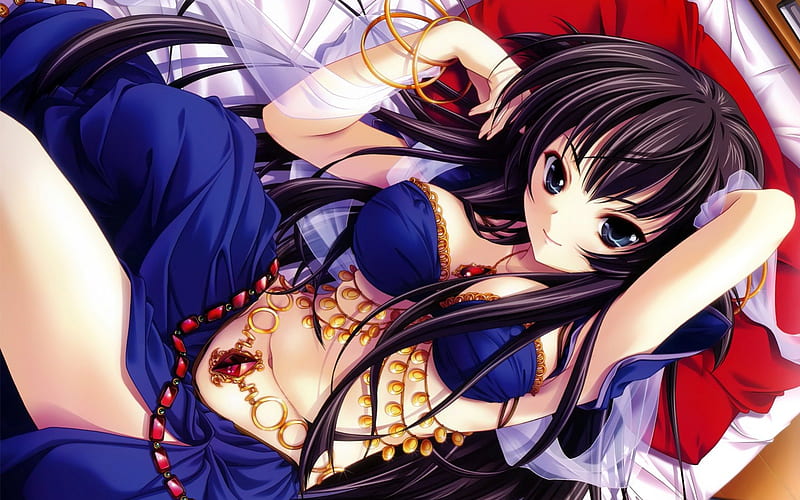 Odalisque, red, pretty, bonito, bed, sweet, gold, anime, beauty, long hair, blue, jewerly, jewels, black, sexy, cute, girl, white, arabian, pillows, HD wallpaper